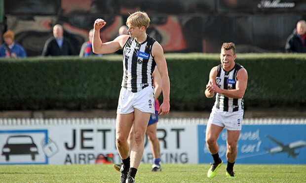 180811_620Tardew.jpg Lachlan Tardrew celebrates a first quarter goal. Photo: Shane Barrie. - Collingwood,Collingwood Magpies